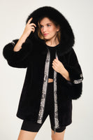 ALCBOLL Black Alcantara Coat W/ Snake Leateher And Fox Fur