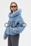 Fur Hooded Jacket Alcantara Kumaş - Sky Blue - Milano Calvino image 7
