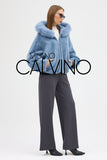 Fur Hooded Jacket Alcantara Kumaş - Sky Blue - Milano Calvino image 3