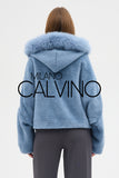 Fur Hooded Jacket Alcantara Kumaş - Sky Blue - Milano Calvino image 6