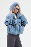 Fur Hooded Jacket Alcantara Kumaş - Sky Blue - Milano Calvino image 4