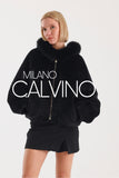 Fur Hooded Jacket Alcantara Kumaş - Double Black - Milano Calvino image 4