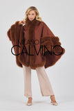 Fur Trimmed Cashmere Poncho - Auburn - Milano Calvino image 7