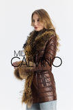 Fur Trimmed Leather Jacket Long Brown - Milano Calvino image 2