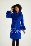 Fur Trimmed Cashmere Coat - Navy - Milano Calvino
