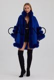 Fur Trimmed Cashmere Poncho - Navy - Milano Calvino