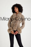Fur Trimmed Triko Cardigan - Beige - Milano Calvino