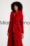 Fur Trimmed Long Triko Cardigan Red - Milano Calvino