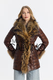 Fur Trimmed Leather Jacket Long Brown - Milano Calvino