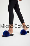 Fur Trimmed Slipper - Blue - Milano Calvino