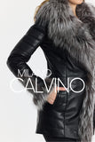 Fur Trimmed Leather Jacket Long Silver Black - Black Silver - Milano Calvino image 8