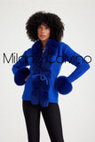 Fur Trimmed Triko Cardigan - Blue - Milano Calvino