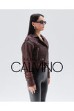 Düşük Omuz Genuine Leather Jacket Alacalı Red - Milano Calvino image 4