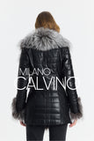 Fur Trimmed Leather Jacket Long Silver Black - Black Silver - Milano Calvino image 7