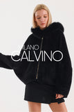 Fur Hooded Jacket Alcantara Kumaş - Double Black - Milano Calvino image 2