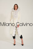 Fur Trimmed Long Triko Cardigan (White) - Milano Calvino