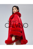 Fur Trimmed Cashmere Poncho - Red - Milano Calvino image 7