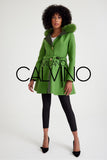 Alpaca Wool & Fur Trimmed & Çift Taraflı Women’s Coat - Green - Milano Calvino