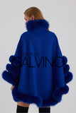 Fur Trimmed Cashmere Poncho - Navy - Milano Calvino image 7