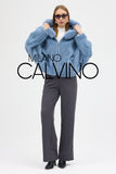 Fur Hooded Jacket Alcantara Kumaş - Sky Blue - Milano Calvino image 5