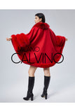 Fur Trimmed Cashmere Poncho - Red - Milano Calvino image 4