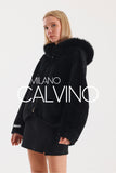 Fur Hooded Jacket Alcantara Kumaş - Double Black - Milano Calvino