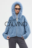 Fur Hooded Jacket Alcantara Kumaş - Sky Blue - Milano Calvino image 2
