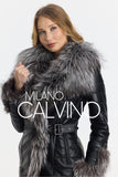 Fur Trimmed Leather Jacket Long Silver Black - Black Silver - Milano Calvino image 6