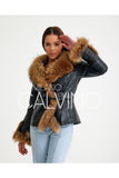 Fur Trimmed Leather Jacket - Black with Raccoon Trim - Milano Calvino image 3