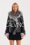 Fur Trimmed Leather Jacket - Black Silver - Milano Calvino
