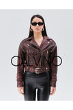 Düşük Omuz Genuine Leather Jacket Alacalı Red - Milano Calvino image 2