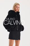 Fur Hooded Jacket Alcantara Kumaş - Double Black - Milano Calvino image 3