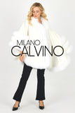 Fur Trimmed Cashmere Poncho - White - Milano Calvino