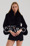 Fur Trimmed Alcantara Short Jacket - Black - Milano Calvino image 7