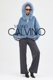 Fur Hooded Jacket Alcantara Kumaş - Sky Blue - Milano Calvino