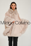 Fur Trimmed Cashmere Poncho - Beige - Milano Calvino