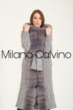 Fur Trimmed Long Triko Cardigan - Grey - Milano Calvino