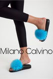 Fur Trimmed Slipper - Sky Blue - Milano Calvino