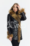 Fur Trimmed Leather Jacket Long Black Natural - Milano Calvino image 3