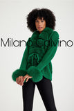 Fur Trimmed Triko Cardigan - Green - Milano Calvino