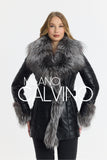 Fur Trimmed Leather Jacket Long Silver Black - Black Silver - Milano Calvino