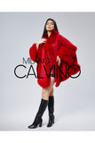 Fur Trimmed Cashmere Poncho - Red - Milano Calvino image 5
