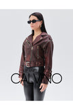 Düşük Omuz Genuine Leather Jacket Alacalı Red - Milano Calvino image 3