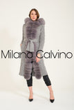 Fur Trimmed Long Triko Cardigan - Grey - Milano Calvino image 2