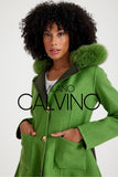 Alpaca Wool & Fur Trimmed & Çift Taraflı Women’s Coat - Green - Milano Calvino image 2
