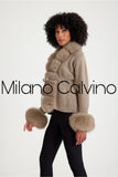 Fur Trimmed Triko Cardigan - Beige - Milano Calvino image 3
