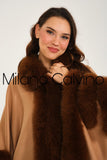 Fur Trimmed Cashmere Poncho - Camel - Milano Calvino image 6