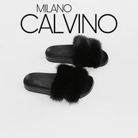 Luxurious Women’s Slippers with Two Strips of Mink Fur - Genuine Leather Sole - Milano Calvino