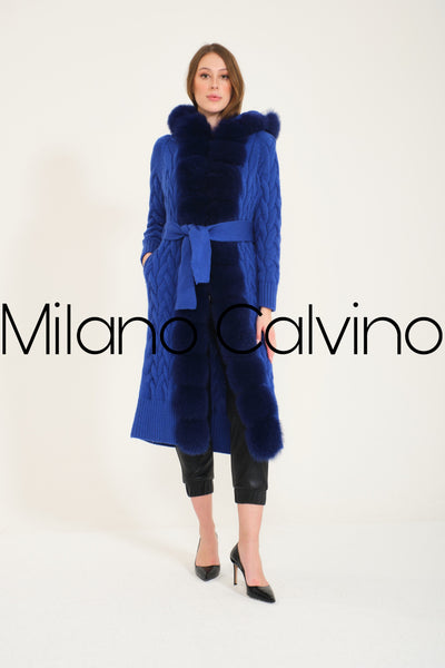 Long Tricot Cardigan w/ Fin Fur (Dark Blue)