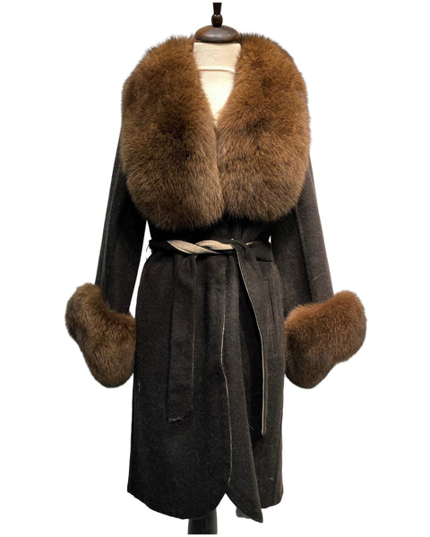 Classic Alpaka Whool Women Coat w/  Fur ( Brown )